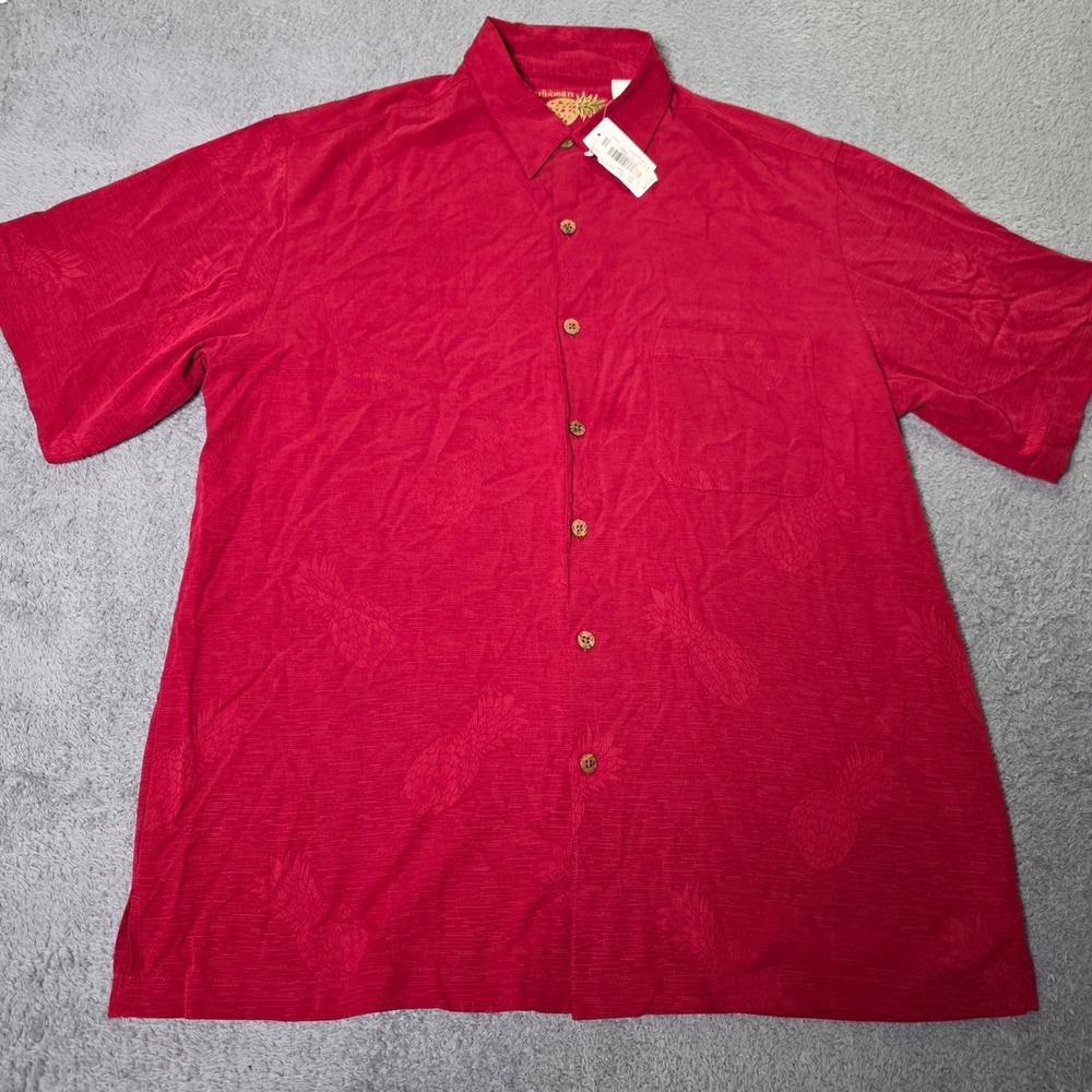 Caribbean Mens Large Button Down Shirt Red Silk Pineapple Jacquard Short Sleeve